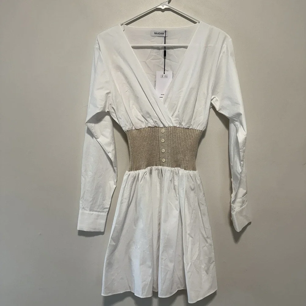 Naadam NWT Cotton Cashmere Mixed Media Mini‎ Dress Size Small in Latte - Picture 3 of 8